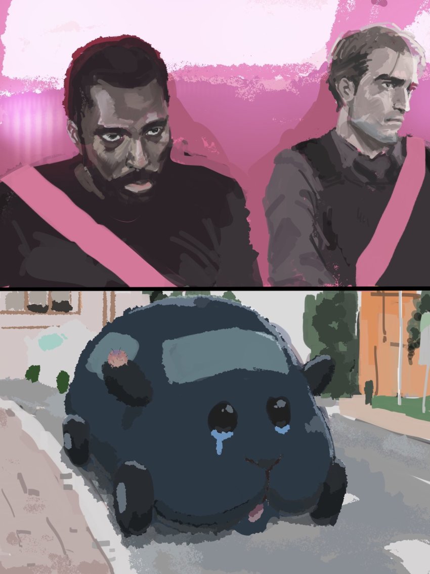 2boys, animal, beard, car_interior, closed_mouth, crossover, dark-skinned_male, dark_skin