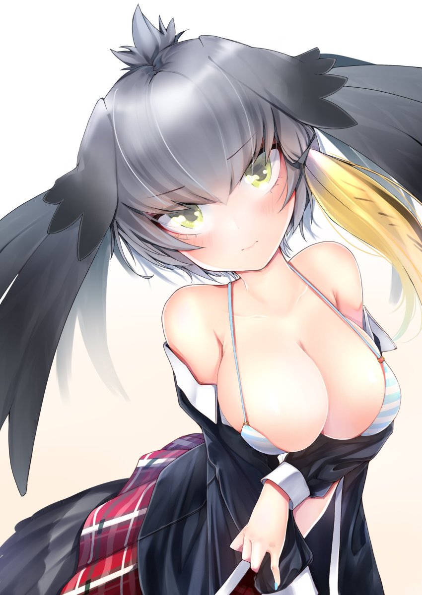 1girl, arched_back, bikini, bikini_under_clothes, bird_girl, bird_tail, black_hair, black_shirt