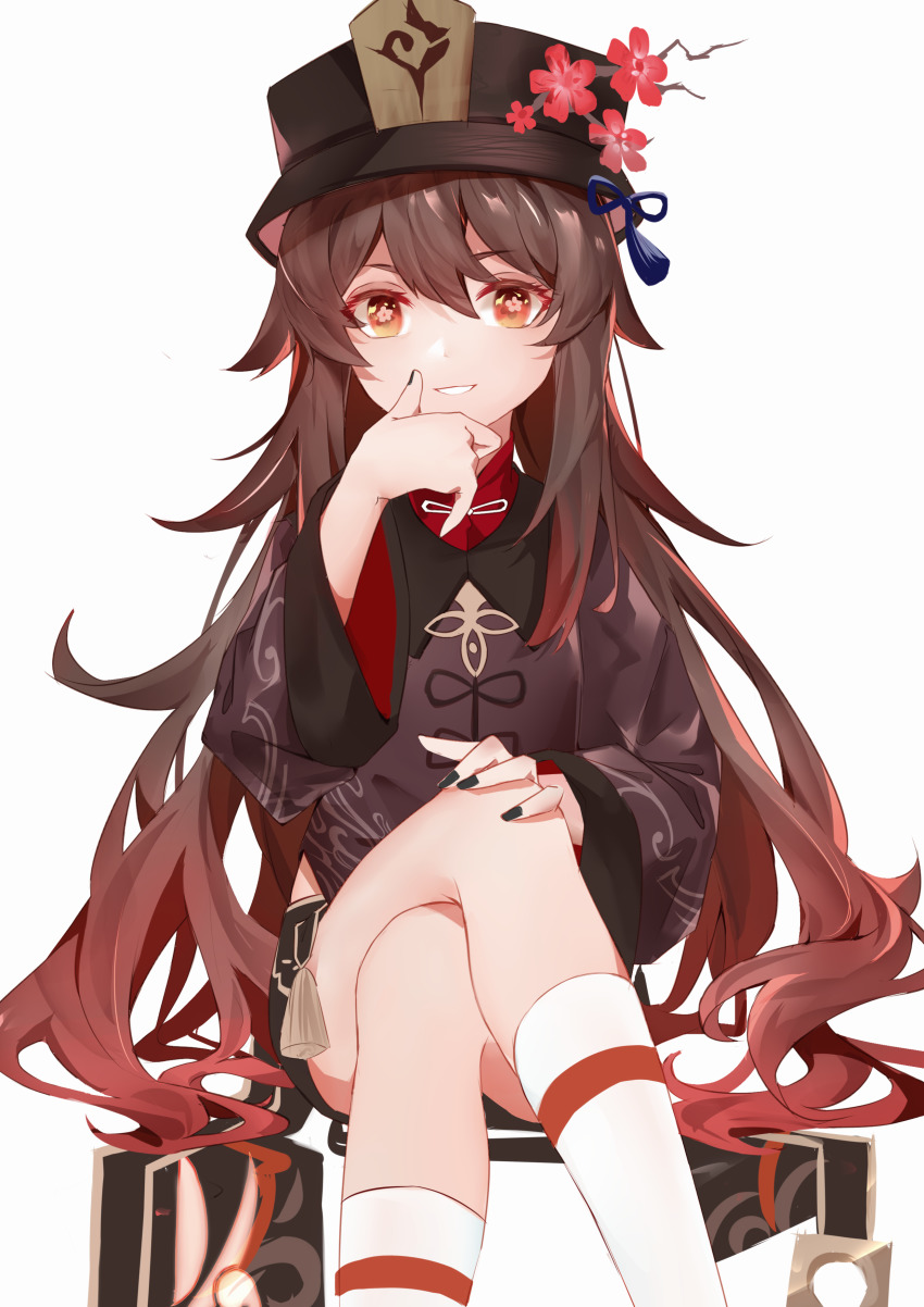 1girl, absurdres, black_hat, black_nails, black_shirt, black_shorts, brown_hair, chinese_clothes