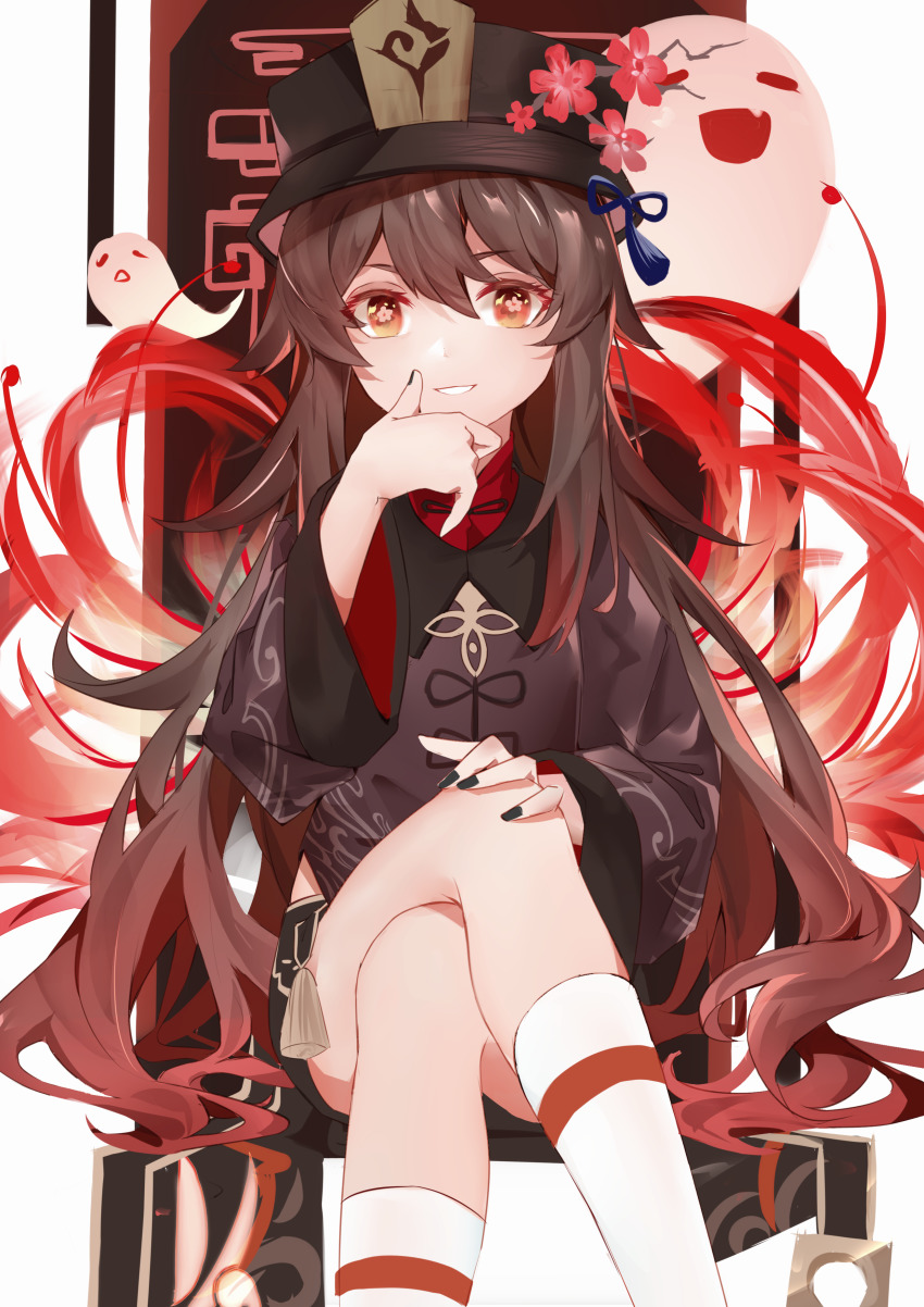 1girl, absurdres, black_hat, black_nails, black_shirt, black_shorts, boo_tao_(genshin_impact), brown_hair, chair, chinese_clothes, clothing_cutout, collared_shirt, crossed_legs, flower, genshin_impact, ghost, gradient_hair, grin, hat, highres, hu_tao_(genshin_impact), kirschma, kneehighs, long_hair, long_sleeves, looking_at_viewer, multicolored_hair, nail_polish, on_chair, orange_eyes, qingdai_guanmao, red_flower, red_shirt, shirt, short_shorts, shorts, side_cutout, simple_background, sitting, smile, socks, solo, spider_lily, star-shaped_pupils, star_(symbol), symbol-shaped_pupils, thighs, twintails, undershirt, very_long_hair, white_background, white_socks, wide_sleeves