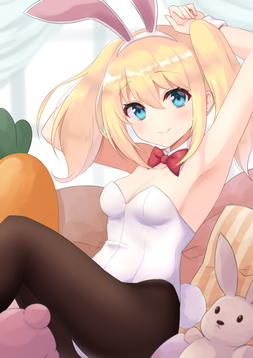 1girl, animal_ears, black_pantyhose, blonde_hair, blue_eyes, bow, bowtie, breasts