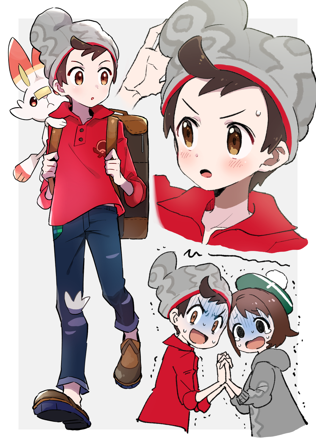 1boy, 1girl, :o, beanie, blush, bob_cut, brown_eyes, brown_footwear