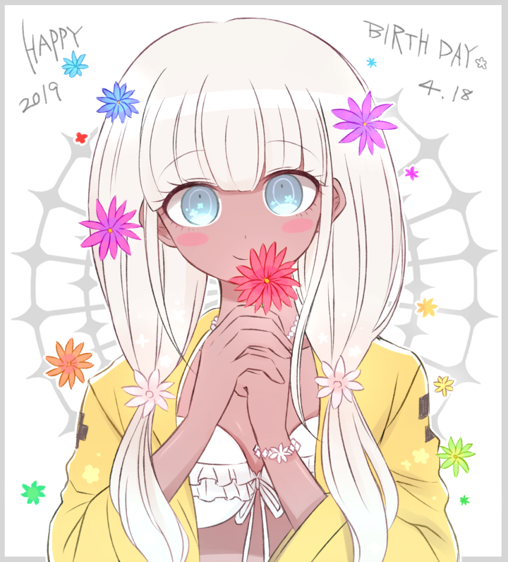 1girl, 8takenokonosato8, bikini, blue_eyes, blue_flower, blunt_bangs, blush_stickers, breasts, collarbone, commentary_request, danganronpa_(series), danganronpa_v3:_killing_harmony, dark-skinned_female, dark_skin, dated, female_focus, flower, hair_flower, hair_ornament, happy_birthday, holding, holding_flower, jacket, jewelry, long_hair, long_sleeves, looking_at_viewer, purple_flower, red_flower, smile, solo, swimsuit, twintails, upper_body, yellow_flower, yellow_jacket, yonaga_angie