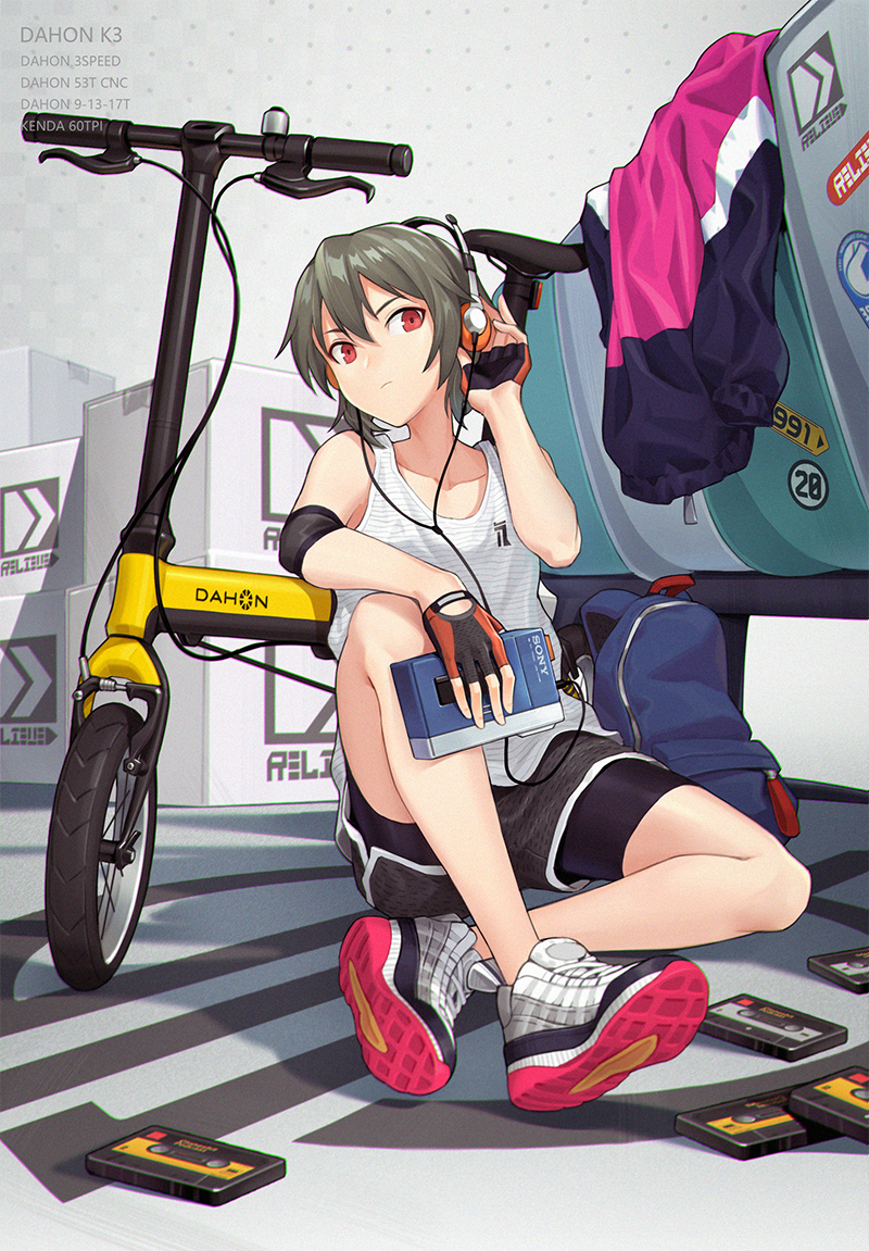 1girl, :|, adjusting_earphones, backpack, bag, bench, bicycle, bike_shorts