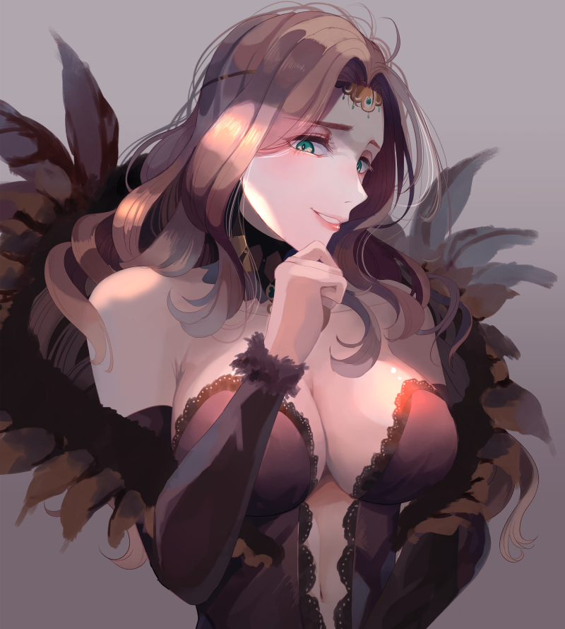 1girl, bare_shoulders, blue_eyes, breasts, brown_dress, center_opening, circlet, cleavage, cornelia_arnim, dress, feathers, female_focus, fire_emblem, fire_emblem:_three_houses, forehead_jewel, grey_background, hand_on_own_chin, kabitakamaboko, large_breasts, long_hair, looking_at_viewer, navel, nintendo, pink_hair, simple_background, smile, smug, solo, upper_body