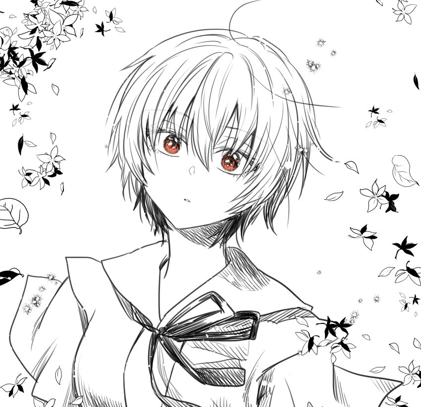 1girl, absurdres, ayanami_rei, brown_eyes, brown_hair, floating_hair, flower, hair_between_eyes