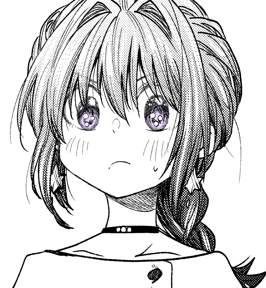 1girl, black_choker, braid, bukiyou_na_senpai, choker, close-up, collarbone, earrings