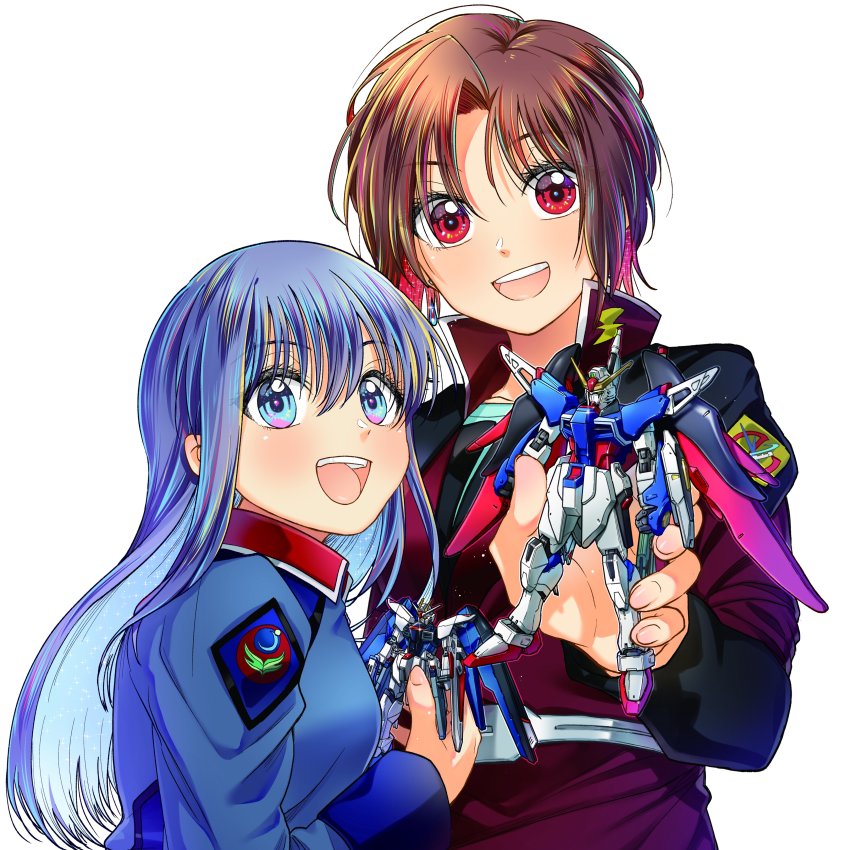 2girls, absurdres, blue_eyes, blue_hair, blush, brown_hair, colored_inner_hair, cosplay