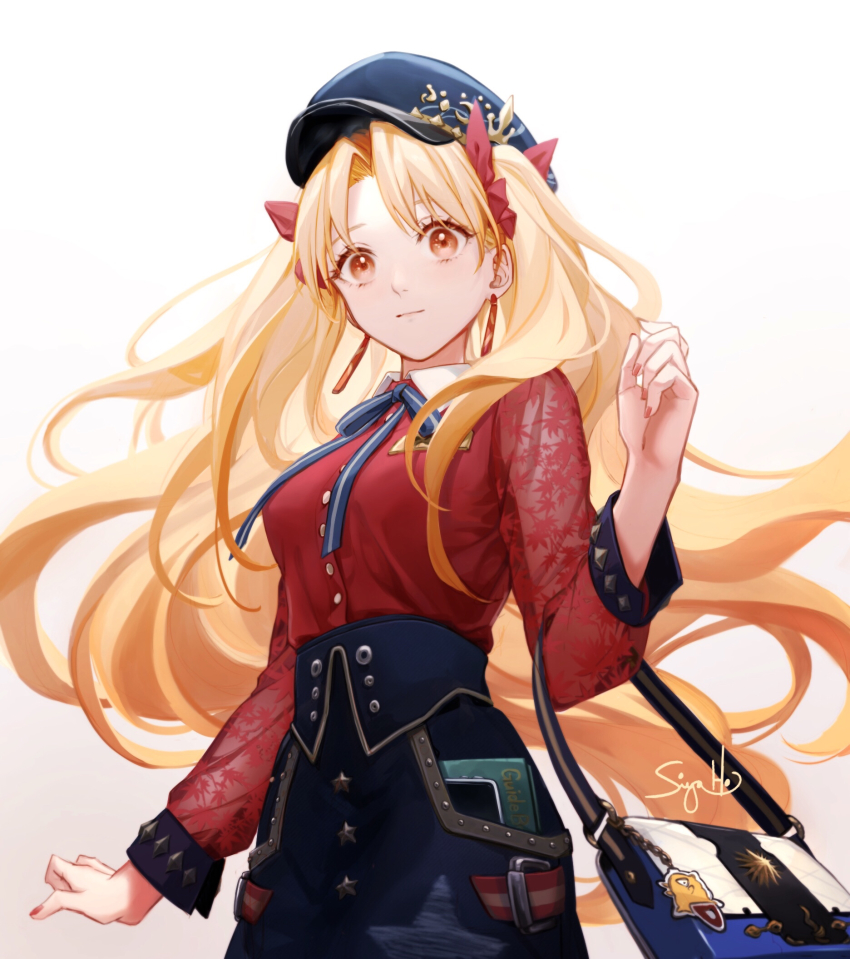 1girl, bag, black_skirt, blonde_hair, blue_headwear, blue_ribbon, bow, brown_eyes, closed_mouth, collared_shirt, dress_shirt, earrings, elbow_carry, ereshkigal_(fate), ereshkigal_(under_the_same_sky)_(fate), fate/grand_order, fate_(series), floating_hair, hair_bow, hair_intakes, handbag, highres, jewelry, long_hair, long_sleeves, looking_at_viewer, nail_polish, neck_ribbon, print_skirt, red_bow, red_nails, red_shirt, ribbon, see-through_clothes, shirt, signature, simple_background, siya_ho, skirt, smile, solo, standing, star_(symbol), star_print, twintails, very_long_hair, white_background, wing_collar