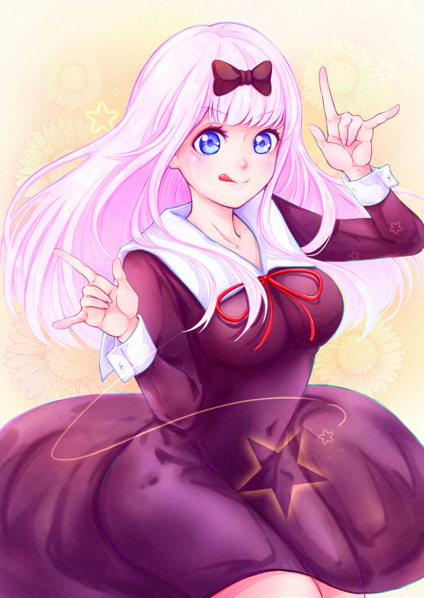 1girl, absurdres, bad_id, bad_pixiv_id, black_bow, black_dress, blue_eyes, blunt_bangs