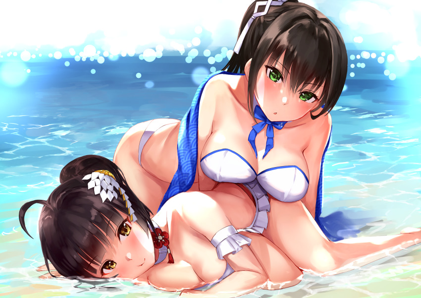 2girls, absurdres, ahoge, akagi_(blue_oath), ass, bare_shoulders, bent_over, bikini