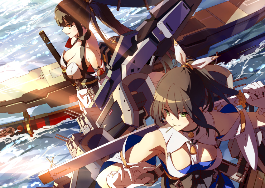 2girls, absurdres, aircraft, akagi_(blue_oath), anchor_necklace, bare_shoulders, black_gloves, black_hair