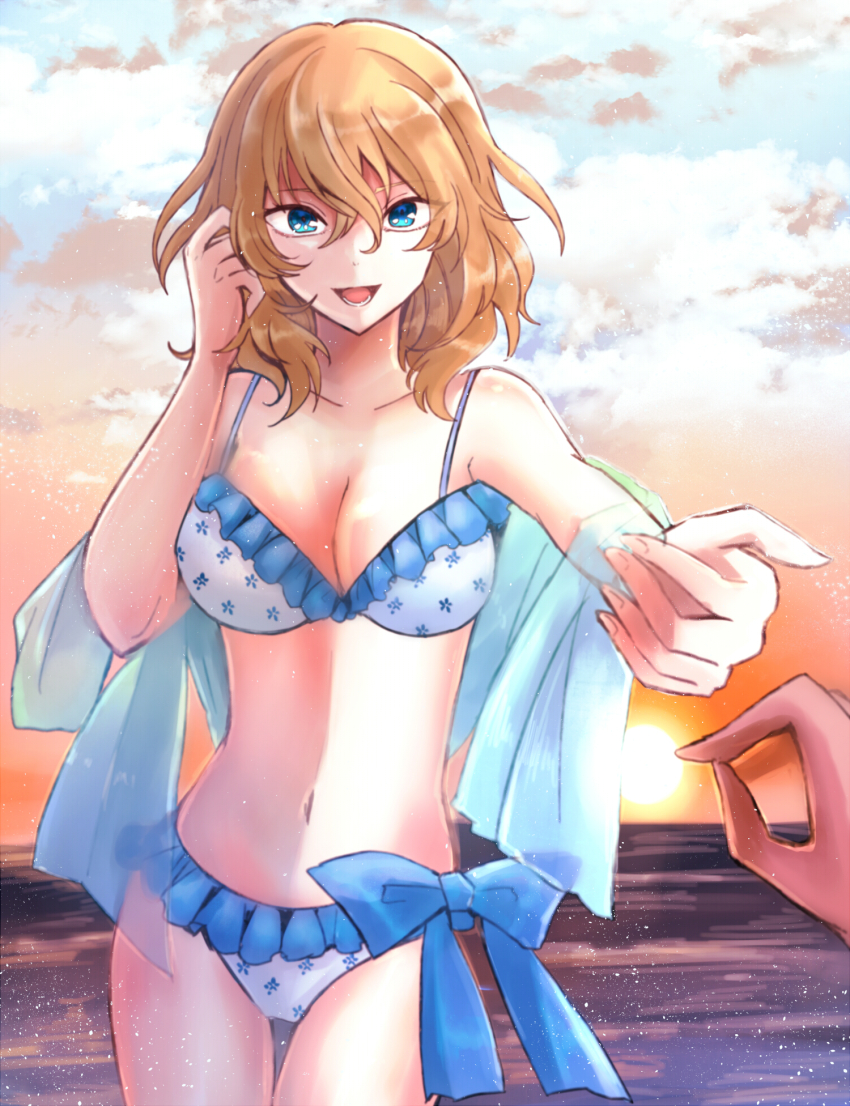 2girls, andou_(girls_und_panzer), bikini, blonde_hair, blue_eyes, blue_sky, breasts, cleavage