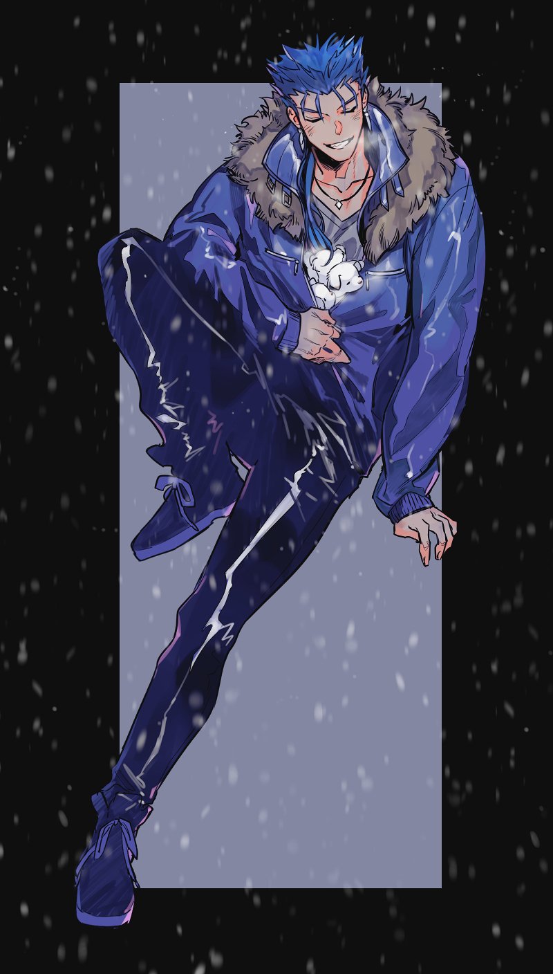 1boy, alternate_costume, animal, baby_animal, blue_hair, breath, closed_mouth, contemporary