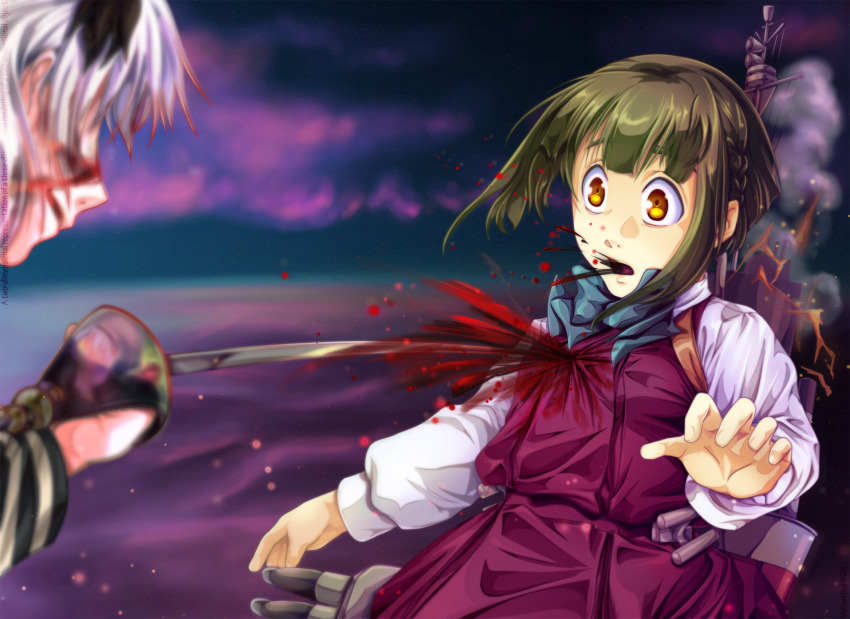 2girls, abyssal_ship, blood, blood_from_mouth, blood_on_clothes, blood_on_face, blurry, bob_cut