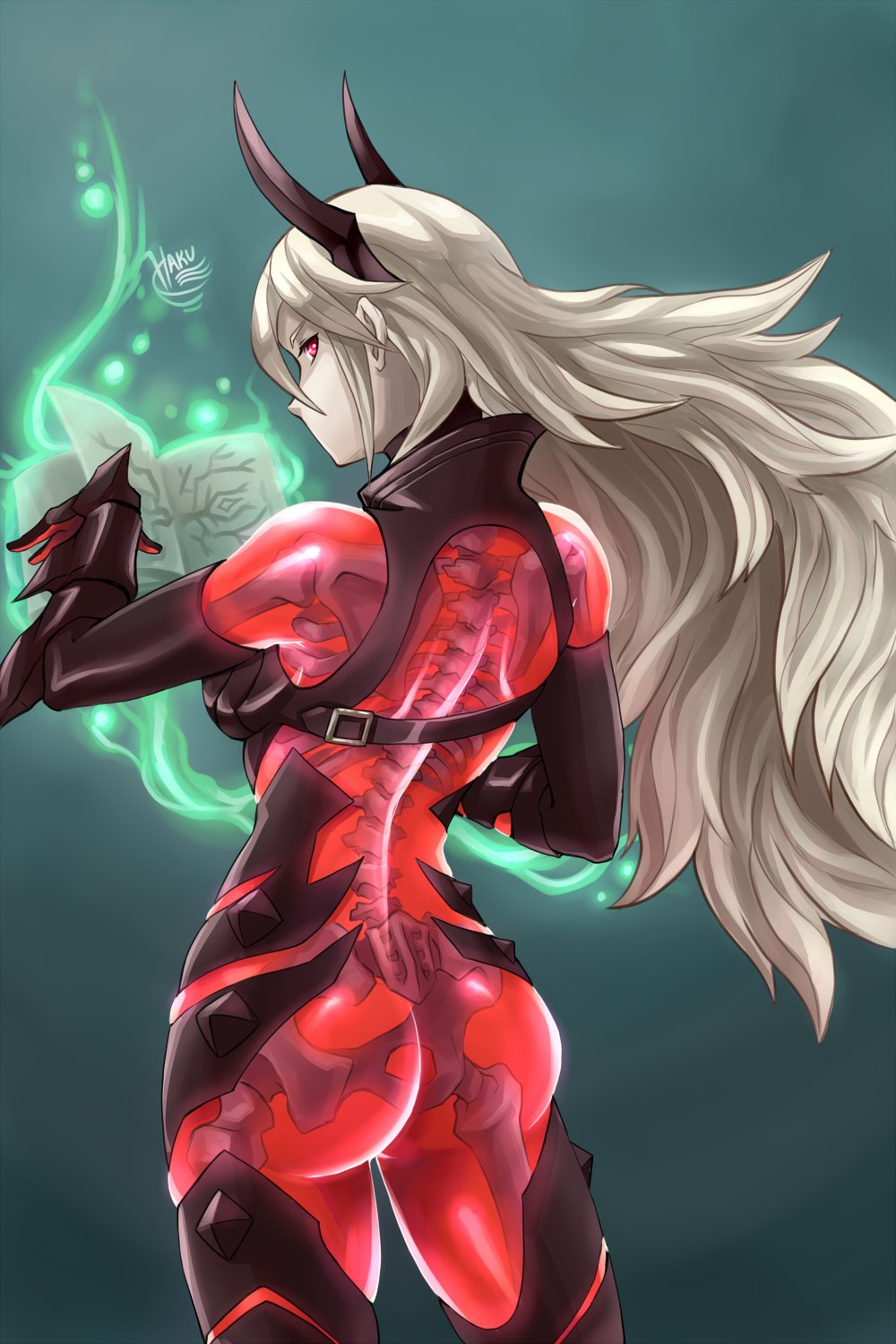 1girl, ass, book, fire_emblem, fire_emblem_heroes, from_behind, hakuramen, highres, long_hair, nintendo, red_eyes, simple_background, skeleton, solo, thrasir_(fire_emblem), see-through_body, white_hair