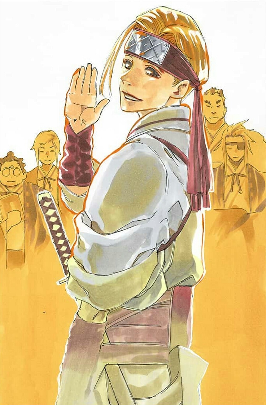 5boys, blonde_hair, book, brown_eyes, eyepatch, gauntlets, glasses, headband