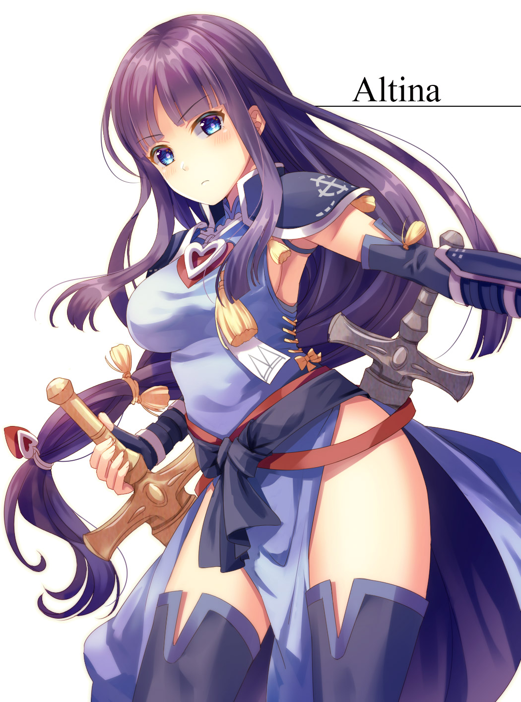 1girl, alondite, altina_(fire_emblem), armor, armpits, blue_eyes, blush, breasts, character_name, dress, fire_emblem, fire_emblem:_radiant_dawn, fire_emblem_heroes, highres, holding, holding_sword, holding_weapon, if_oki, long_hair, nintendo, pelvic_curtain, purple_hair, ragnell, serious, sheath, sheathed, shoulder_armor, side_slit, sideboob, simple_background, solo, sword, weapon, white_background
