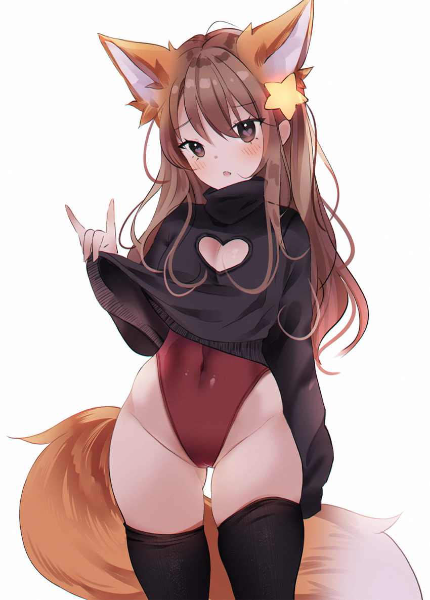 1girl, :o, animal_ear_fluff, animal_ears, annytf, anyuu, black_sweater, black_thighhighs