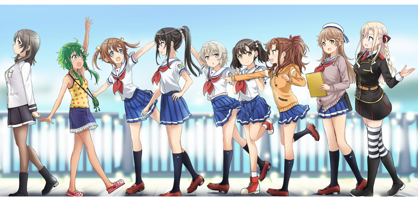 6+girls, :d, abe_kanari, ahoge, animal_hood, black_hair, black_jacket, black_skirt, black_socks, blonde_hair, blue_eyes, blue_skirt, boots, braid, brown_footwear, brown_hair, cardigan, cat_hood, character_request, check_character, china_moeka, crocs, denim, denim_skirt, from_side, full_body, green_hair, grey_hair, hair_ornament, hair_ribbon, hairclip, hat, high_school_fleet, highres, hood, irizaki_mei, jacket, kneehighs, leg_up, loafers, long_hair, looking_at_another, medium_hair, misaki_akeno, multiple_girls, munetani_mashiro, navel, neckerchief, necktie, nosa_kouko, open_mouth, pantyhose, pink_shoes, pleated_skirt, polka_dot, polka_dot_shirt, ponytail, red_footwear, red_neckwear, red_ribbon, ribbon, sailor_hat, school_uniform, serafuku, shiretoko_rin, shirt, shoes, short_hair, short_sleeves, sidelocks, single_braid, skirt, sleeveless, sleeveless_shirt, smile, sneakers, socks, striped_clothes, striped_legwear, striped_thighhighs, susan_reyes, tan, tateishi_shima, thighhighs, walking, white_headwear, white_ribbon, wilhelmina_braunschweig_ingenohl_friedeburg, yellow_ribbon, yokosuka_girls_marine_high_school_uniform