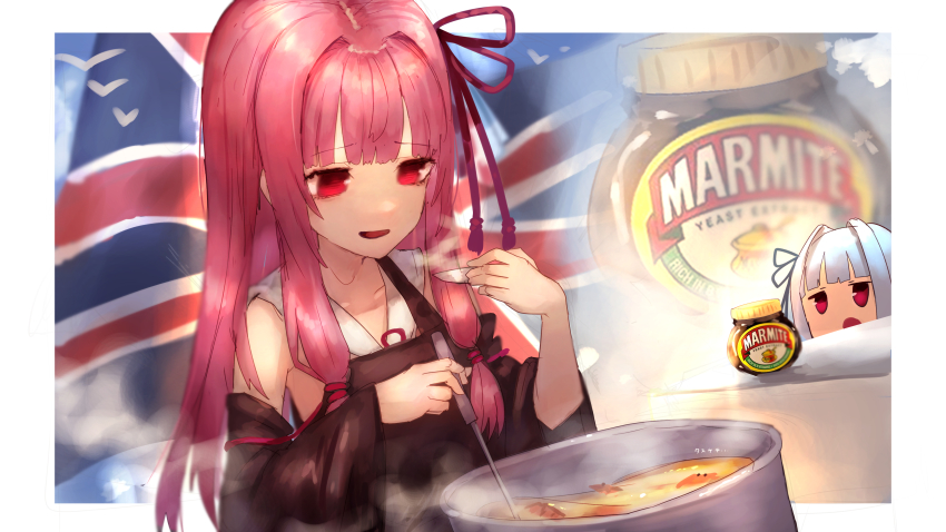 2girls, absurdres, cooking, english_flag, highres, marmite, multiple_girls, shiburingaru
