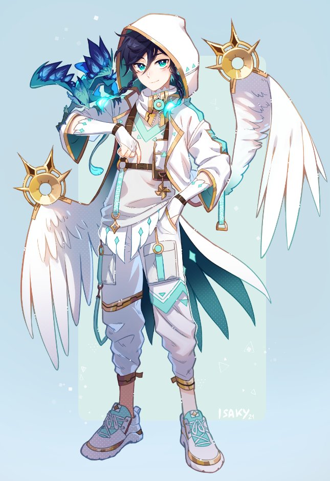 2boys, androgynous, animal_on_arm, black_hair, blue_background, blue_hair, blush, braid