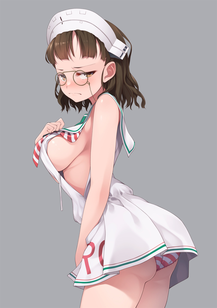 1girl, alternate_costume, ass, bare_arms, bare_shoulders, blunt_bangs, blush, breasts, brown_eyes, brown_hair, commentary_request, cosplay, cowboy_shot, dress, eyewear_strap, glasses, grey_background, headdress, kantai_collection, large_breasts, libeccio_(kancolle), libeccio_(kancolle)_(cosplay), looking_at_viewer, mofu_namako, neckerchief, pince-nez, roma_(kancolle), sailor_collar, sailor_dress, short_hair, sideboob, simple_background, sleeveless, sleeveless_dress, solo, striped_neckerchief, striped_neckwear, white_sailor_collar