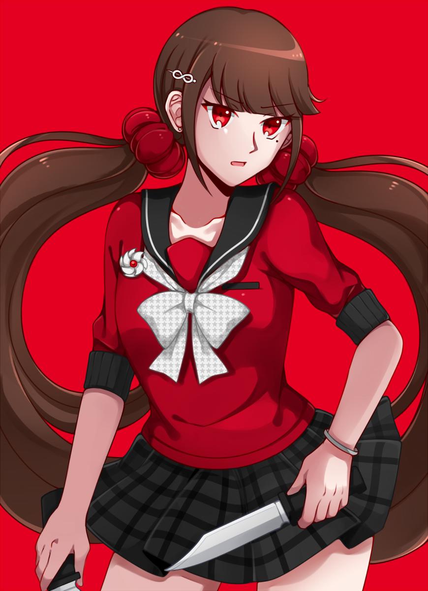 1girl, blunt_bangs, bracelet, breasts, brown_hair, collarbone, commentary, contrapposto