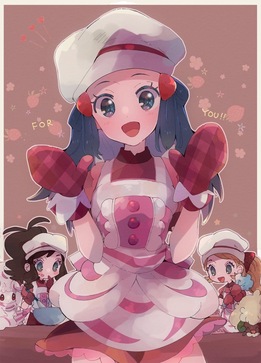 3girls, :d, alcremie, apron, black_hair, blush, buttons, commentary_request