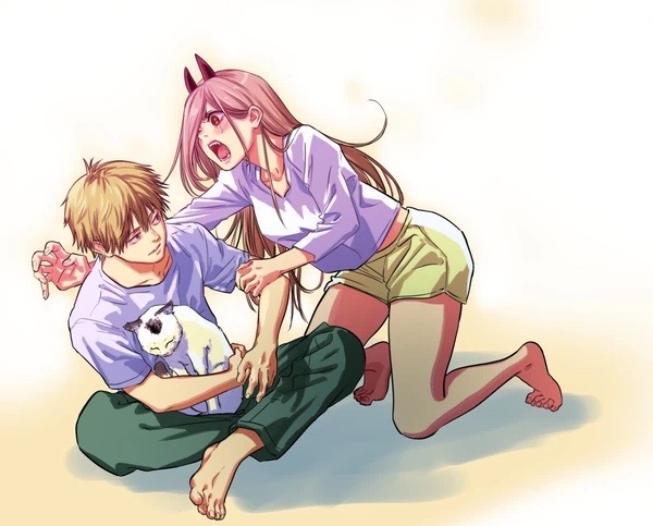 1girl, 2boys, animal, animal_on_lap, arm_grab, bare_legs, barefoot, blonde_hair