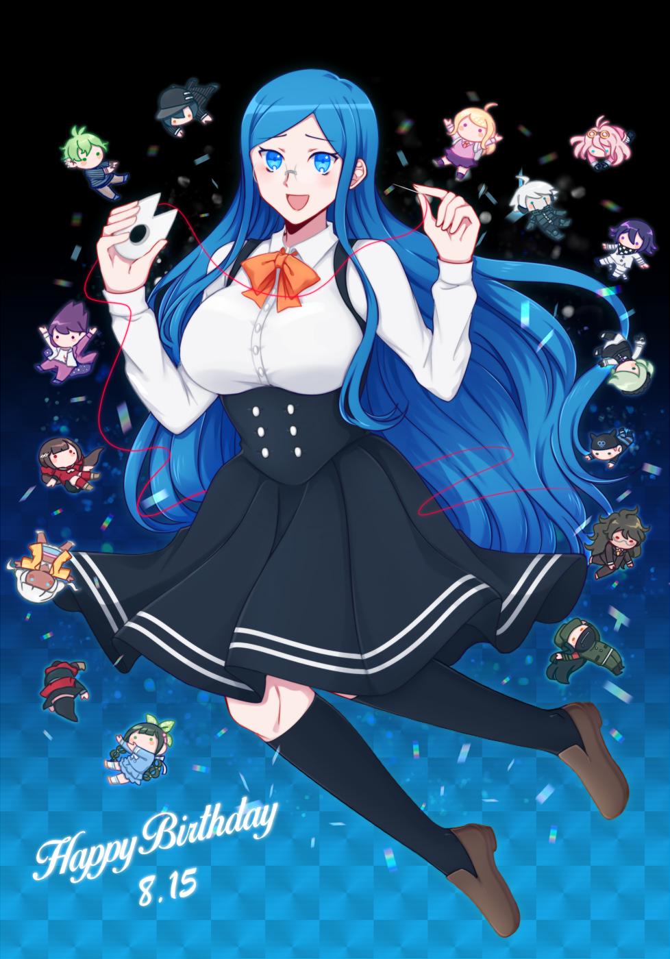 1girl, :d, akamatsu_kaede, amami_rantaro, black_skirt, black_socks, blouse, blue_eyes