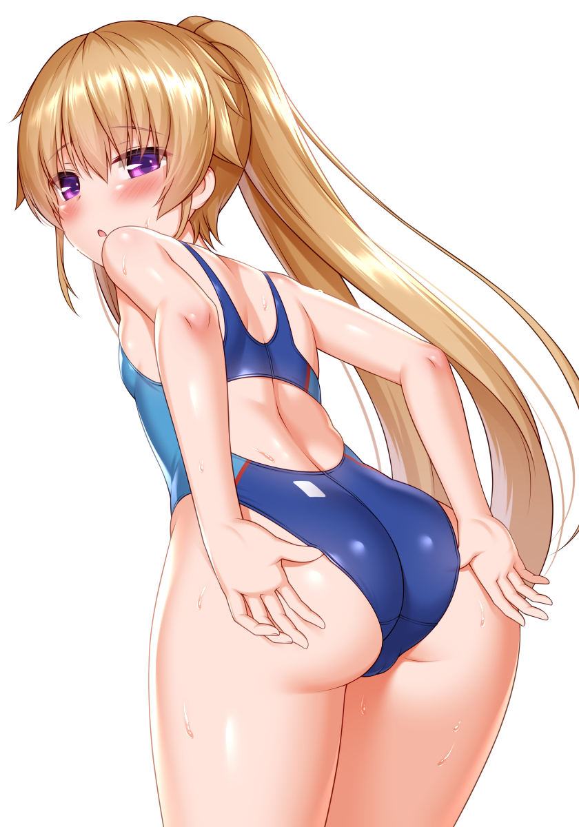 1girl, :o, ao_no_kanata_no_four_rhythm, arisaka_mashiro, ass, bent_over, blue_one-piece_swimsuit, blush