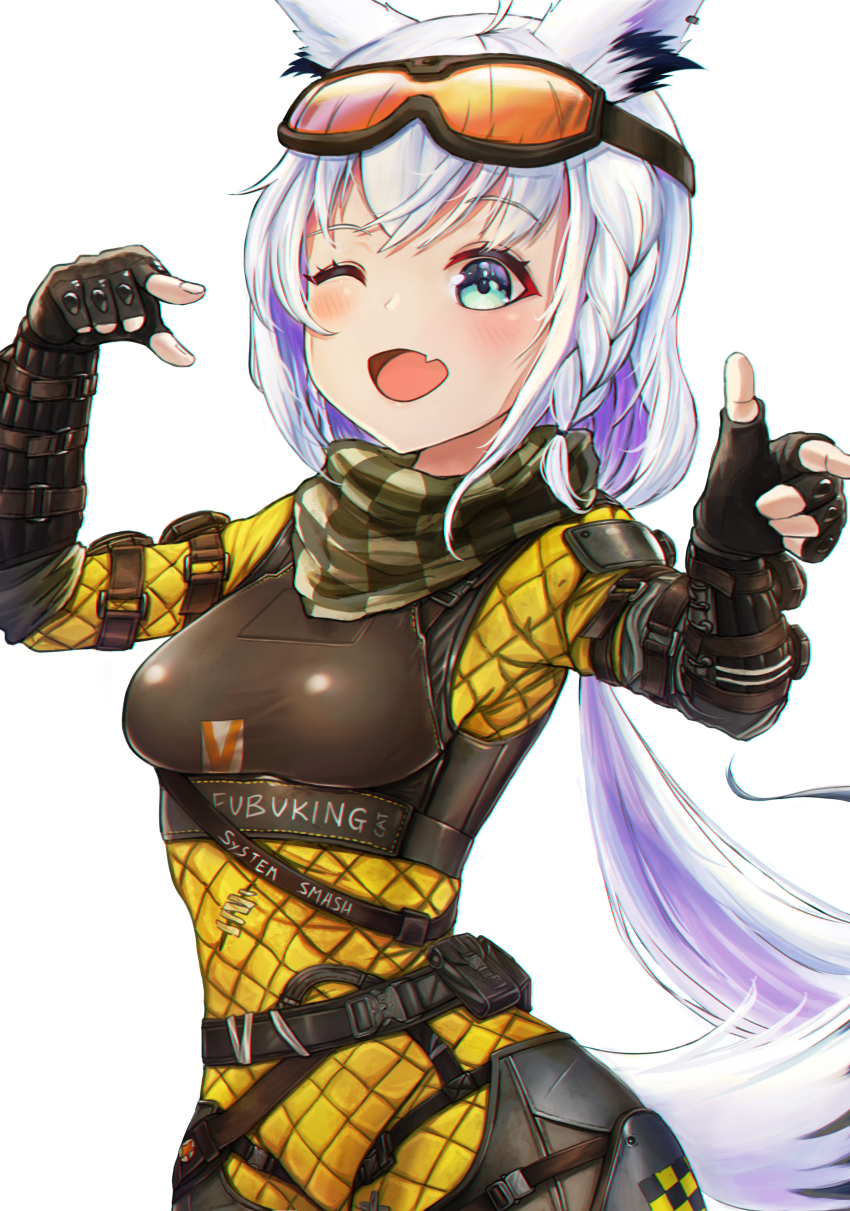 1girl, absurdres, ahaha_kun, ahoge, animal_ears, apex_legends, belt, black_gloves, blush, bodysuit, braid, breasts, commentary, cosplay, english_commentary, fang, fingerless_gloves, fox_ears, fox_girl, fox_tail, gloves, goggles, goggles_on_head, green_eyes, hair_between_eyes, highres, hololive, long_hair, looking_at_viewer, medium_breasts, mirage_(apex_legends), mirage_(apex_legends)_(cosplay), one_eye_closed, open_mouth, scarf, shirakami_fubuki, sidelocks, simple_background, single_braid, skin_fang, solo, tail, virtual_youtuber, white_background, white_hair, yellow_bodysuit