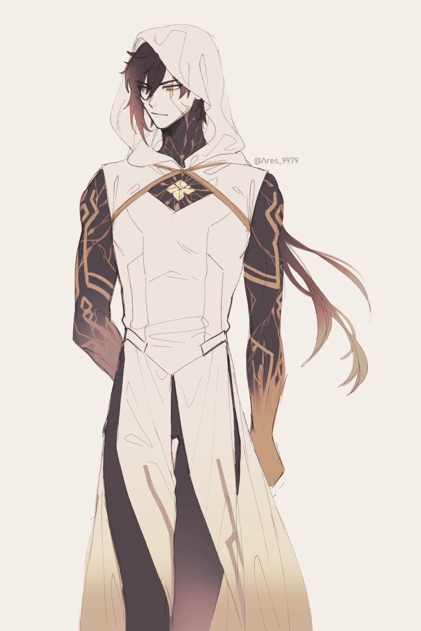 1boy, ares_9979, arm_tattoo, arms_behind_back, black_hair, brown_hair, cloak, closed_mouth, cracked_skin, eyes_visible_through_hair, genshin_impact, hair_between_eyes, highres, hood, hood_up, hooded_cloak, long_hair, looking_to_the_side, male_focus, multicolored_hair, ponytail, simple_background, sleeveless, solo, tattoo, white_background, yellow_eyes, zhongli_(archon)_(genshin_impact), zhongli_(genshin_impact)
