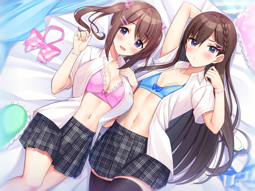 2girls, animal_hair_ornament, bed_sheet, black_legwear, black_skirt, blanket, blue_bra, blue_neckwear