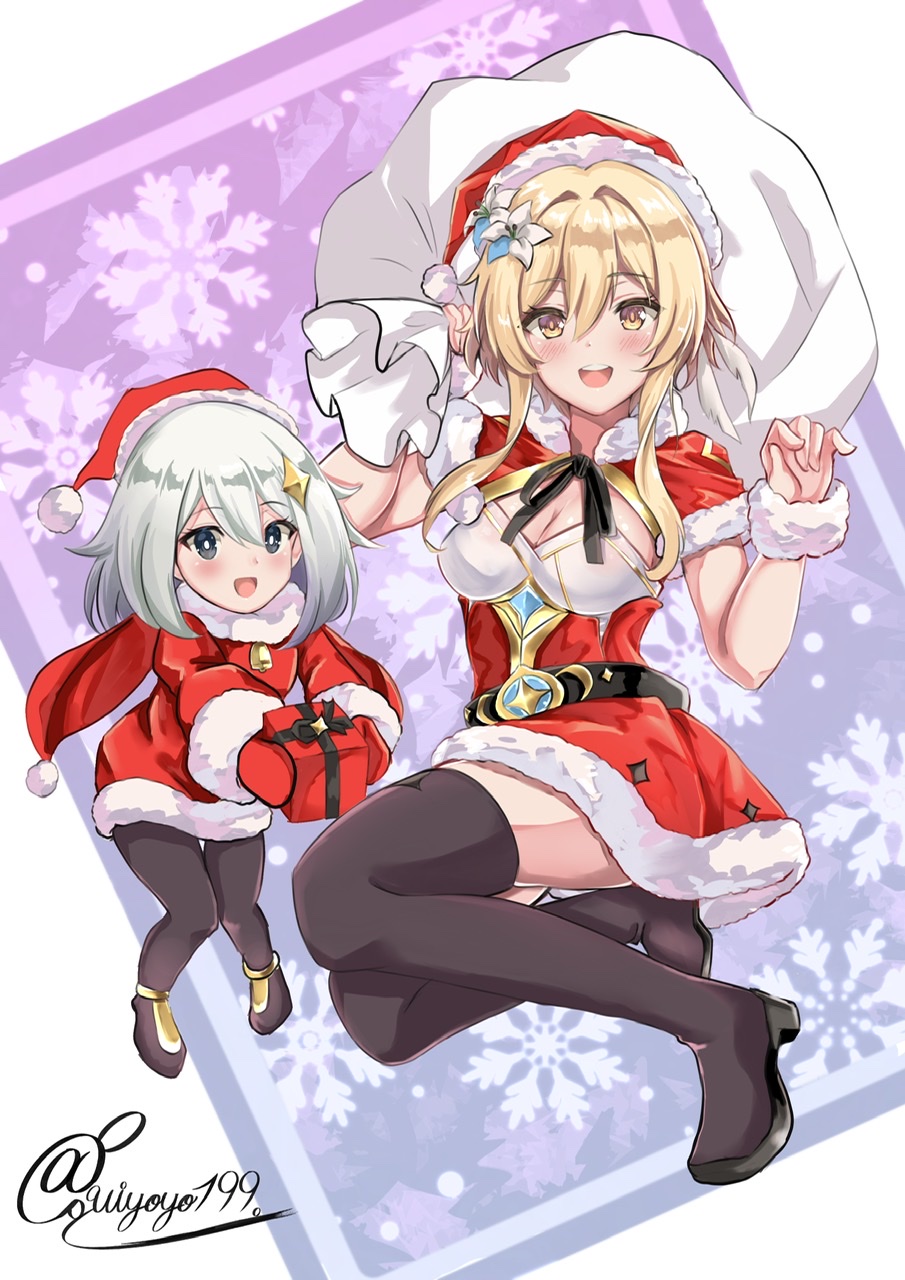 2girls, :d, belt, black_footwear, black_legwear, blonde_hair, boots, box