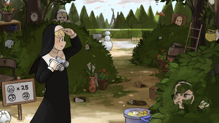 2girls, :<, arrow_(symbol), ball, balloon, barrel, baseball, binoculars