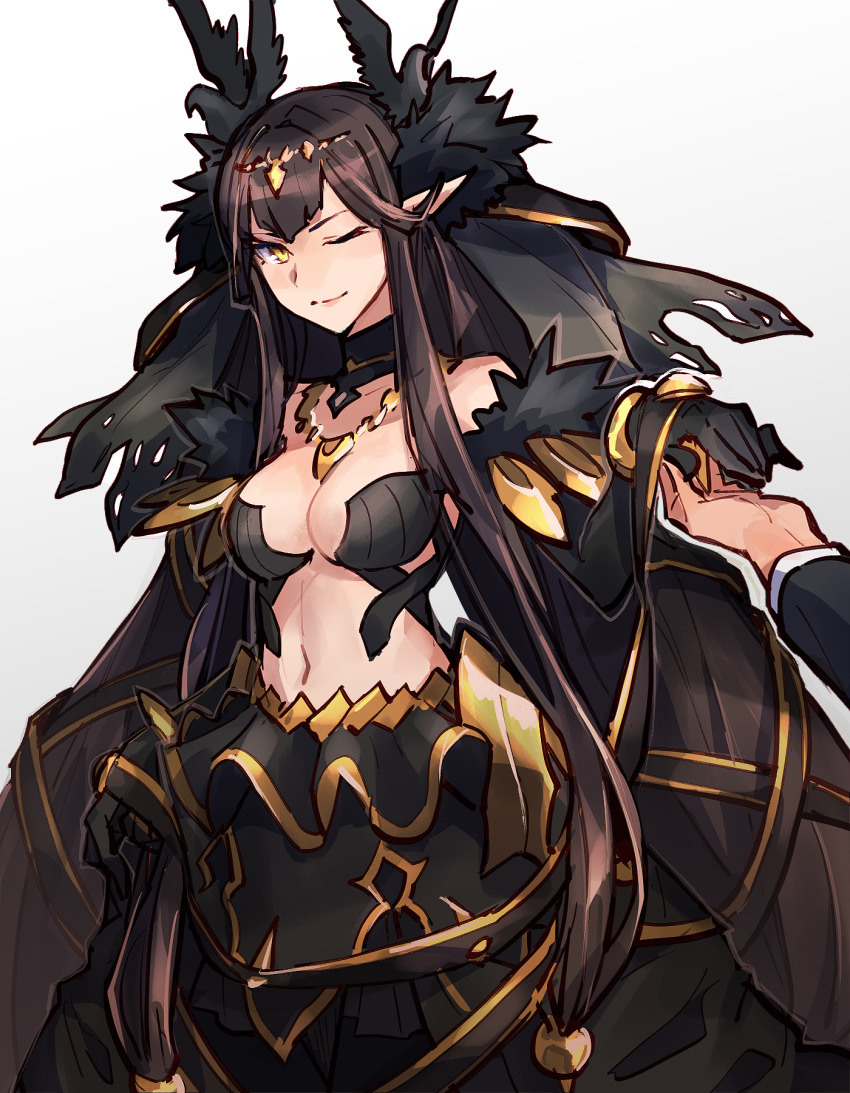 1girl, bare_shoulders, black_dress, blush, breasts, brown_hair, cleavage, dress, fate/apocrypha, fate/grand_order, fate_(series), feather_trim, fur_trim, highres, large_breasts, long_hair, looking_at_viewer, memna_(renka_roll), one_eye_closed, outstretched_arm, parted_lips, pointy_ears, semiramis_(fate), semiramis_(third_ascension)_(fate), sidelocks, simple_background, slit_pupils, smile, solo_focus, spikes, very_long_hair, white_background, yellow_eyes