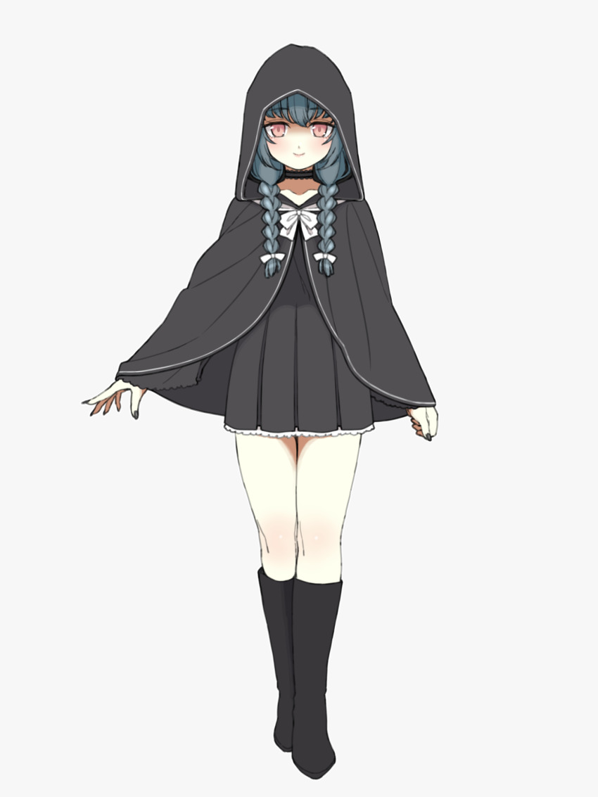 1girl, amaryllis_gumi, boots, bow, choker, cloak, closed_mouth, dress, facing_viewer, fingernails, full_body, grey_boots, grey_choker, grey_cloak, grey_dress, grey_hair, grey_nails, hair_ribbon, highres, hinase_sakura, hood, hood_up, hooded_cloak, knee_boots, long_sleeves, looking_at_viewer, nail_polish, okunin, pink_eyes, pleated_dress, ribbon, short_dress, simple_background, smile, solo, standing, virtual_youtuber, white_background, white_bow, white_ribbon