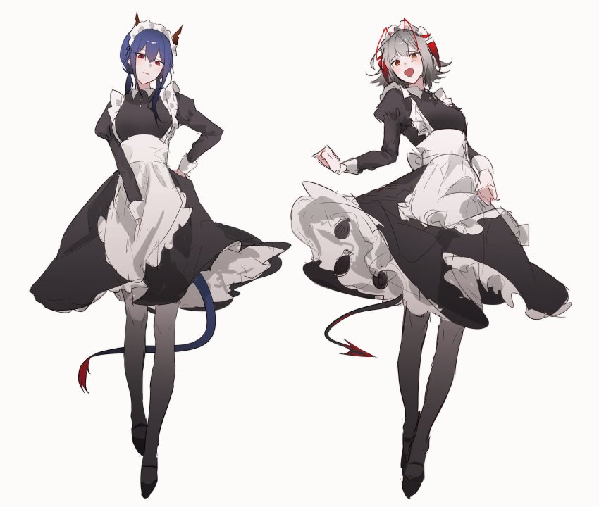 2girls, absurdres, alternate_costume, apron, arknights, black_dress, black_footwear, blue_hair