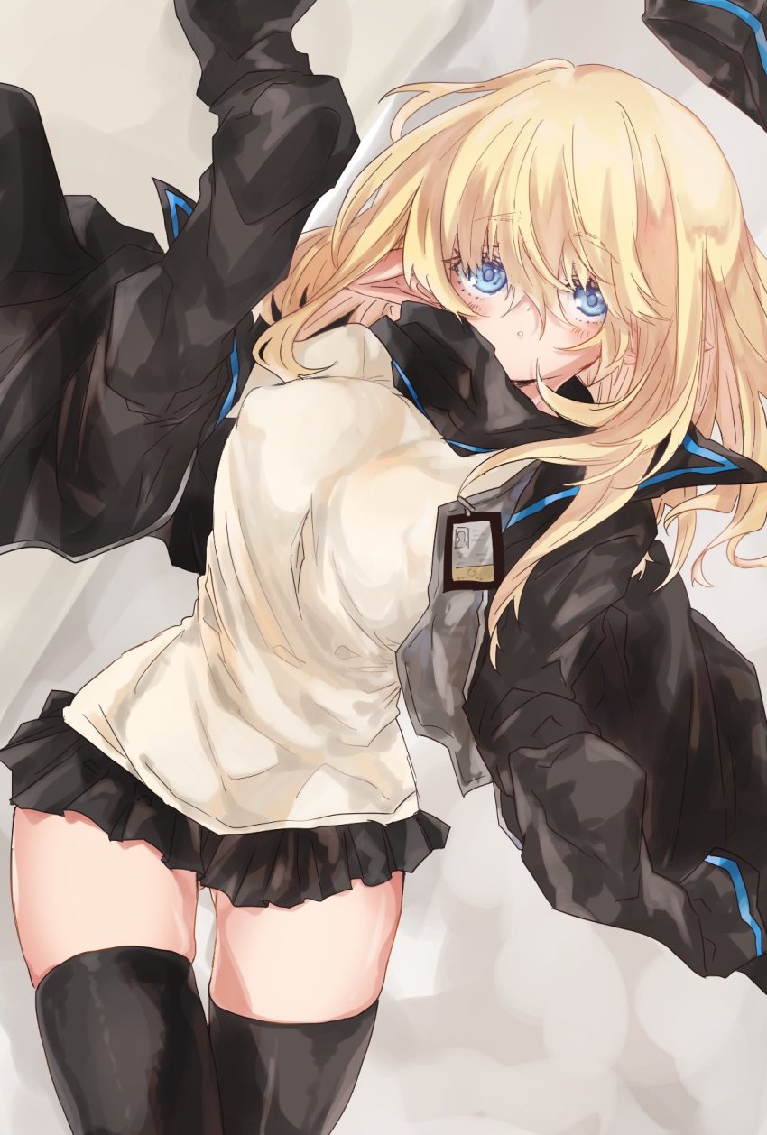 1girl, alternate_breast_size_(larger), an_fyhx, arknights, black_jacket, black_skirt, black_thighhighs, blonde_hair