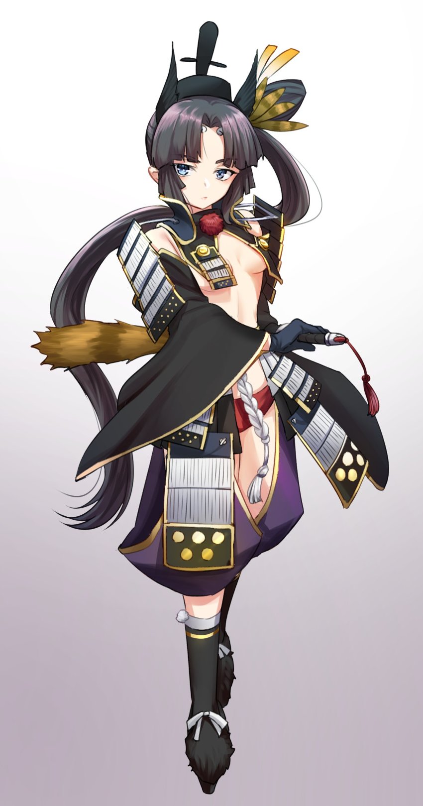 1girl, absurdres, armor, benbe, black_gloves, black_hair, black_hat, blue_eyes