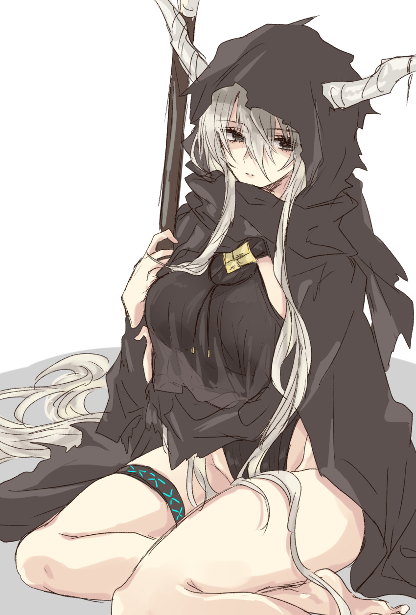 1girl, an_fyhx, arknights, bare_legs, barefoot, black_cloak, black_eyes, black_one-piece_swimsuit