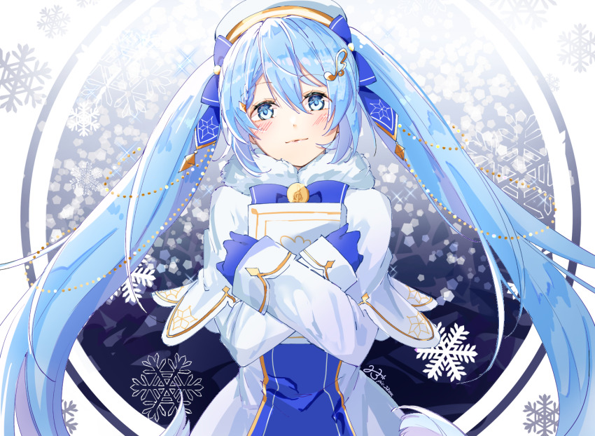 1girl, 23xxx, blue_eyes, blue_gloves, blue_hair, blue_ribbon, book, capelet, closed_mouth, coat, fur_trim, gloves, hair_ribbon, hat, hatsune_miku, highres, holding, holding_book, long_hair, long_sleeves, ribbon, smile, solo, twintails, very_long_hair, vocaloid, winter_clothes, winter_coat, yuki_miku, yuki_miku_(2021)