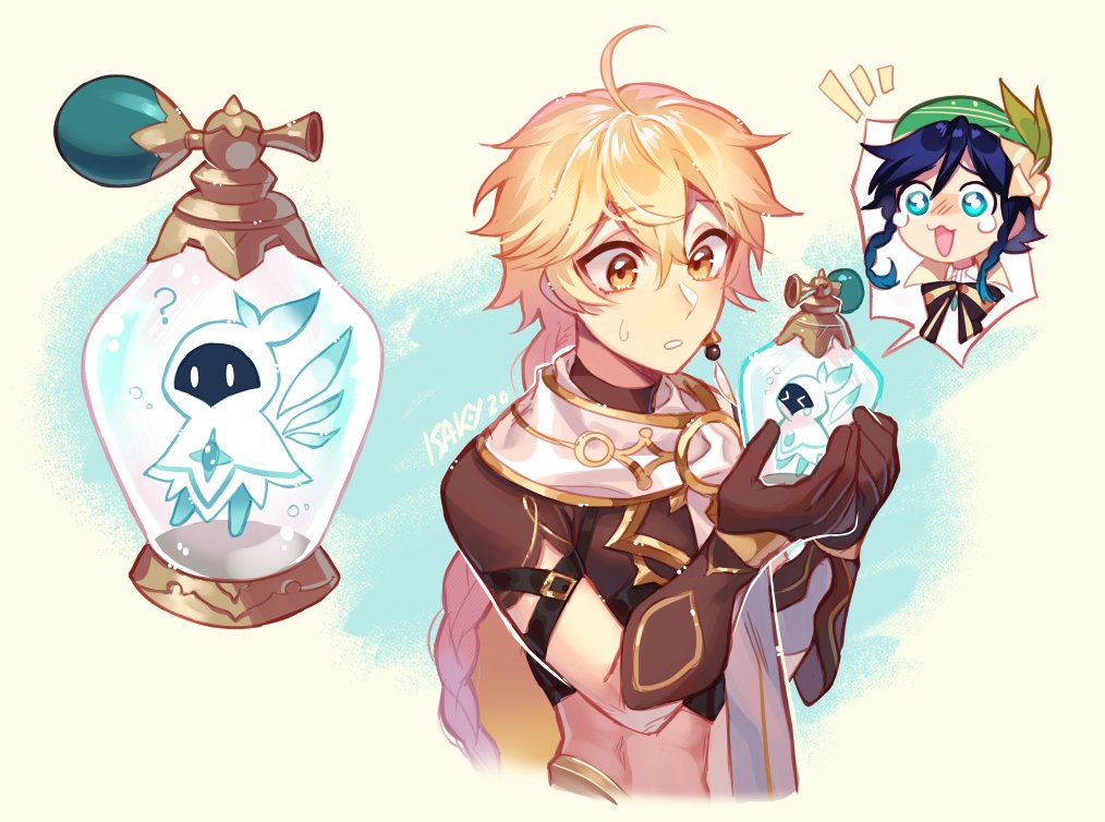 >_<, 2boys, ?, aether_(genshin_impact), ahoge, black_hair, blonde_hair, blue_hair