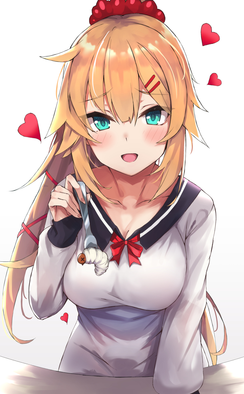 1girl, akai_haato, akai_haato_(loungewear), black_sailor_collar, blonde_hair, blush, breasts, collarbone