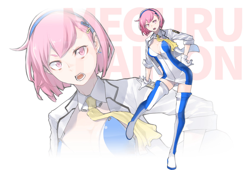 1girl, blazer, breasts, character_name, cleavage, daimon_meguru, detached_collar, earrings, eyebrows_hidden_by_hair, hair_behind_ear, hand_on_own_hip, highres, jacket, jewelry, leaning_forward, medium_breasts, official_art, open_mouth, pink_eyes, pink_hair, short_hair, solo, super_robot_wars, super_robot_wars_dd, thighhighs, transparent_background, yasuda_suzuhito, yellow_neckwear, zoom_layer