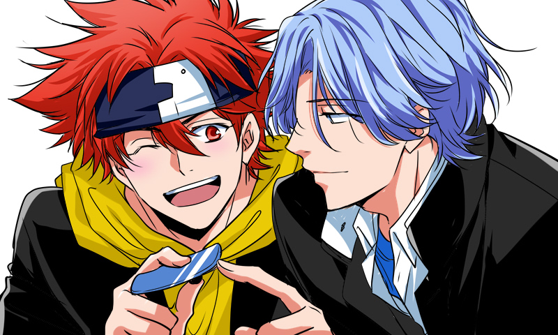 2boys, ;d, blue_eyes, blue_hair, hair_between_eyes, headband, kiyan_reki, hasegawa_langa, male_focus, messy_hair, multiple_boys, one_eye_closed, open_mouth, red_eyes, red_hair, scarf, short_hair, simple_background, sisido_(black_candy), sk8_the_infinity, smile, finger_skateboard, upper_body, white_background, yellow_scarf