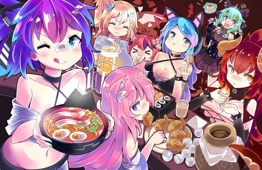 >_<, 6+girls, ;p, ^_^, ^o^, absurdres, ahoge, alcohol, animal_ears, apricot_the_lich, apricot_the_lich_(1st_costume), bacon, bandaid, bandaid_on_face, bandaid_on_nose, bare_shoulders, beer, beer_mug, black_gloves, blonde_hair, blue_eyes, blue_hair, blue_nails, blush, bowl, bracelet, breasts, bridal_gauntlets, buckle, cat_ears, cat_girl, choker, choko_(cup), cleavage, closed_eyes, collarbone, commentary, commission, crop_top, cross-laced_clothes, cross-laced_top, cup, demon_girl, demon_horns, detached_collar, dragon_girl, dragon_horns, dragon_tail, eating, egg_(food), english_commentary, everyone, fang, food, food_in_mouth, gloves, gradient_hair, green_hair, hair_between_eyes, hair_ornament, hand_on_another's_head, hardboiled_egg, headphones, heart, heart_ahoge, heart_choker, heart_hair_ornament, highres, hime_hajime, hime_hajime_(1st_costume), holding, holding_bowl, holding_cup, holding_food, horns, indie_virtual_youtuber, ironmouse, jewelry, jitome, jug_(bottle), large_breasts, long_hair, looking_at_viewer, looking_back, medium_breasts, medium_hair, melody_(projektmelody), miniskirt, mug, multicolored_hair, multiple_girls, nail_polish, navel, noodles, nori_(seaweed), nyatasha_nyanners, nyatasha_nyanners_(1st_costume), off-shoulder_shirt, off_shoulder, one_eye_closed, orange_eyes, phibonnachee, pink_hair, plate, ponytail, pout, power_symbol, purple_eyes, purple_hair, purple_horns, purple_nails, ramen, red_hair, ring, saucer, screw_hair_ornament, see-through_clothes, shirt, side_ponytail, sidelocks, signature, silvervale, silvervale_(1st_costume), sitting, skin_fang, skirt, smile, spiked_bracelet, spikes, standing, sushi, table, tail, taiyaki, teabag, teacup, thigh_strap, tiara, tongue, tongue_out, turtleneck, two-tone_hair, virtual_youtuber, vshojo, wagashi, zentreya, zentreya_(dragon)