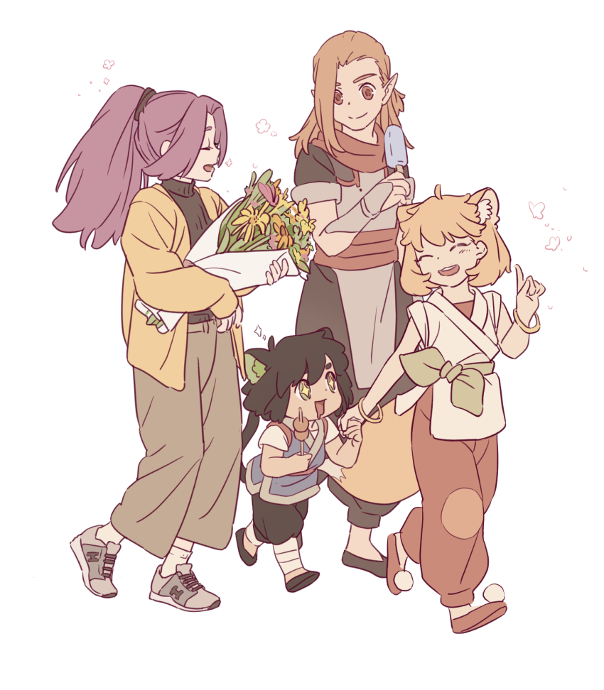 +_+, :d, animal_ears, bangle, black_footwear, blonde_hair, bouquet, bracelet